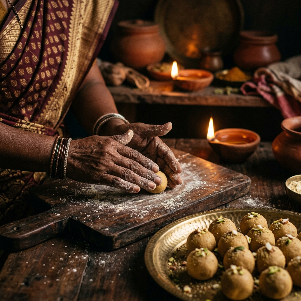Artisan hands hand-rolling laddoo sweets on a wooden board