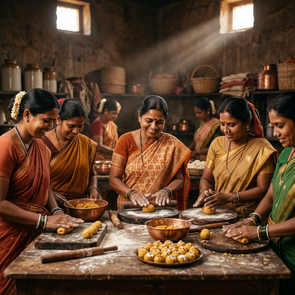 Women artisans hand-rolling sweets in cooperative workshop