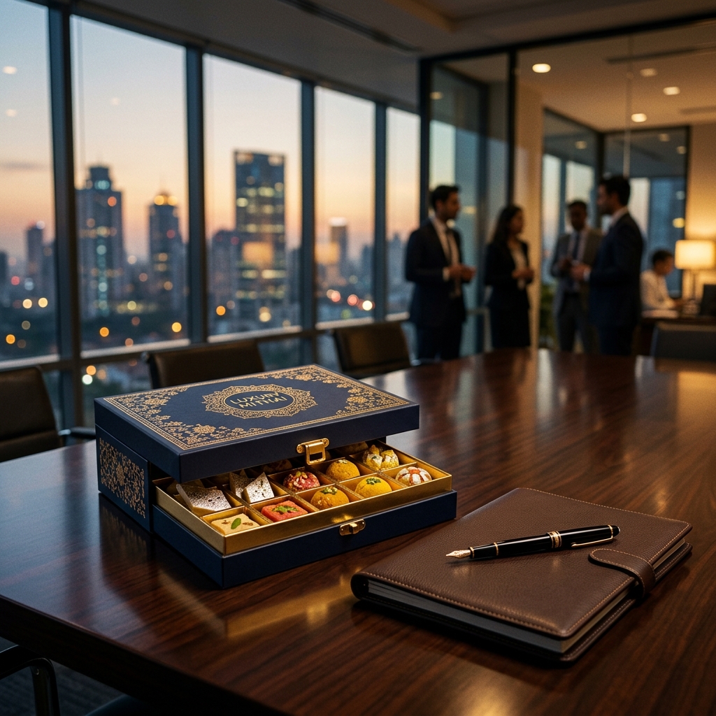 Misthi corporate gifting — luxury sweets on boardroom table