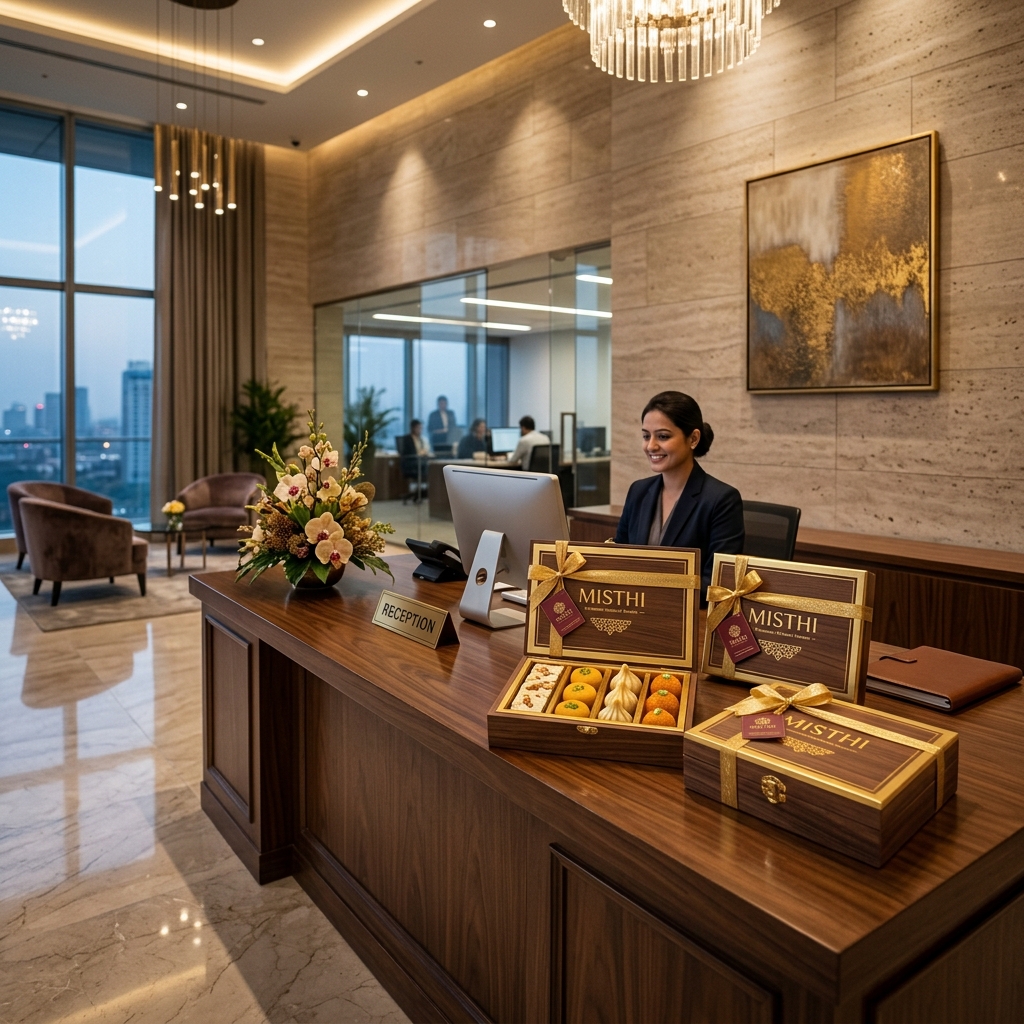 Luxury gift boxes arriving at corporate office lobby