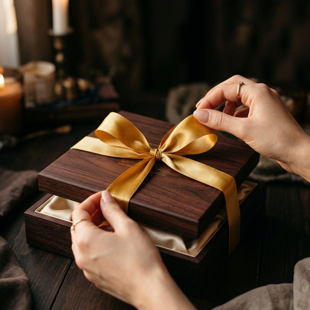 Hands tying gold silk ribbon on luxury gift box
